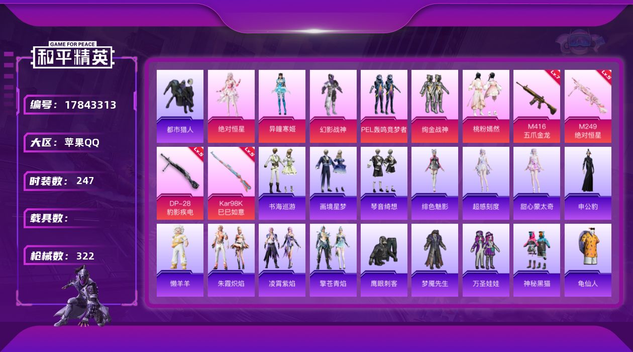 和平精英账号苹果QQ[17843313]苹果 手Q-无敌战神框-6粉装-7特效枪-0载具-3粉色飞行器-94979热力值-24王牌印记-247套装-322枪皮
【热门品类】：套装-都市猎人，套装-龟仙人
【粉色套装】：角