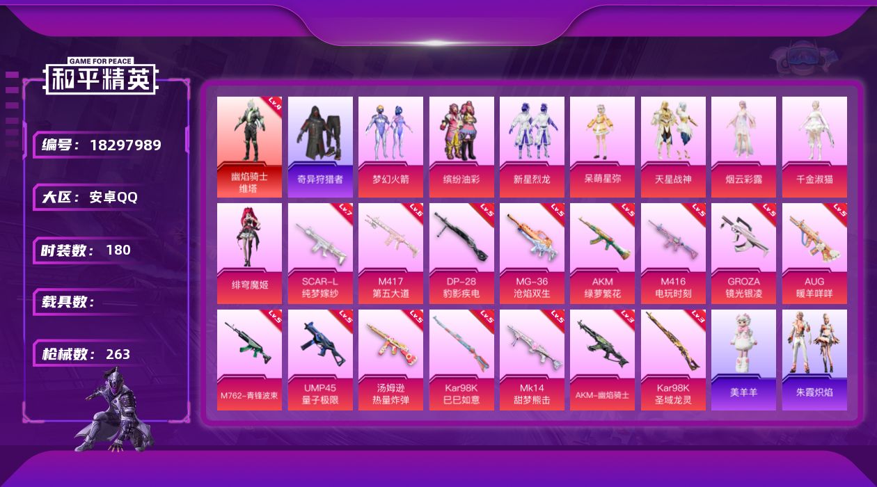 和平精英账号安卓QQ[18297989]安卓 手Q-1神装-8粉装-16特效枪-0载具-6粉色飞行器-91864热力值-15王牌印记-180套装-263枪皮
【红色神装等级】：幽焰骑士-维塔(四级)
【红色角色神装】：幽