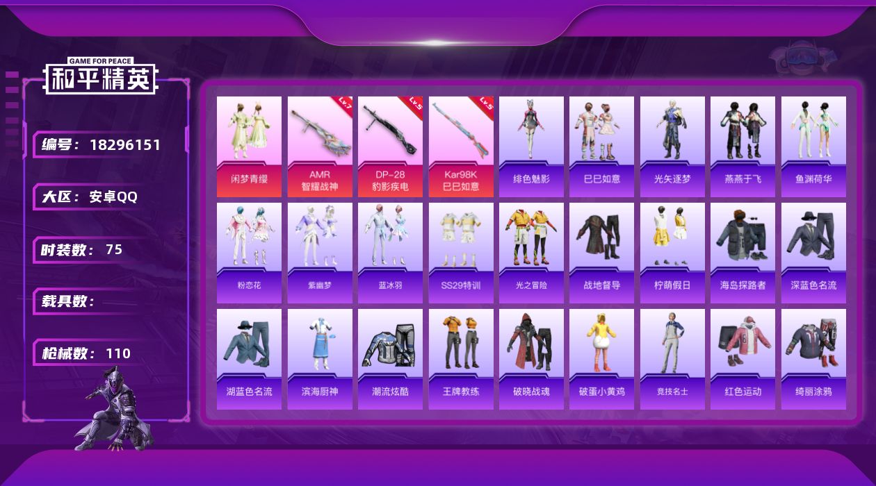 和平精英账号安卓QQ[18296151]安卓 手Q-2粉装-6特效枪-0载具-2粉色飞行器-29670热力值-5王牌印记-75套装-110枪皮
【粉色套装】：粉装-闲梦青缨，角色-虹云熊熊
【粉色枪皮等级】：AKS-74