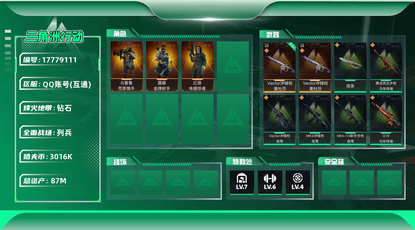 三角洲行动账号QQ【4823】87m总资产-3016k哈夫币-60烽火等级-钻石-12战场等级-列兵
【干员外观】：红