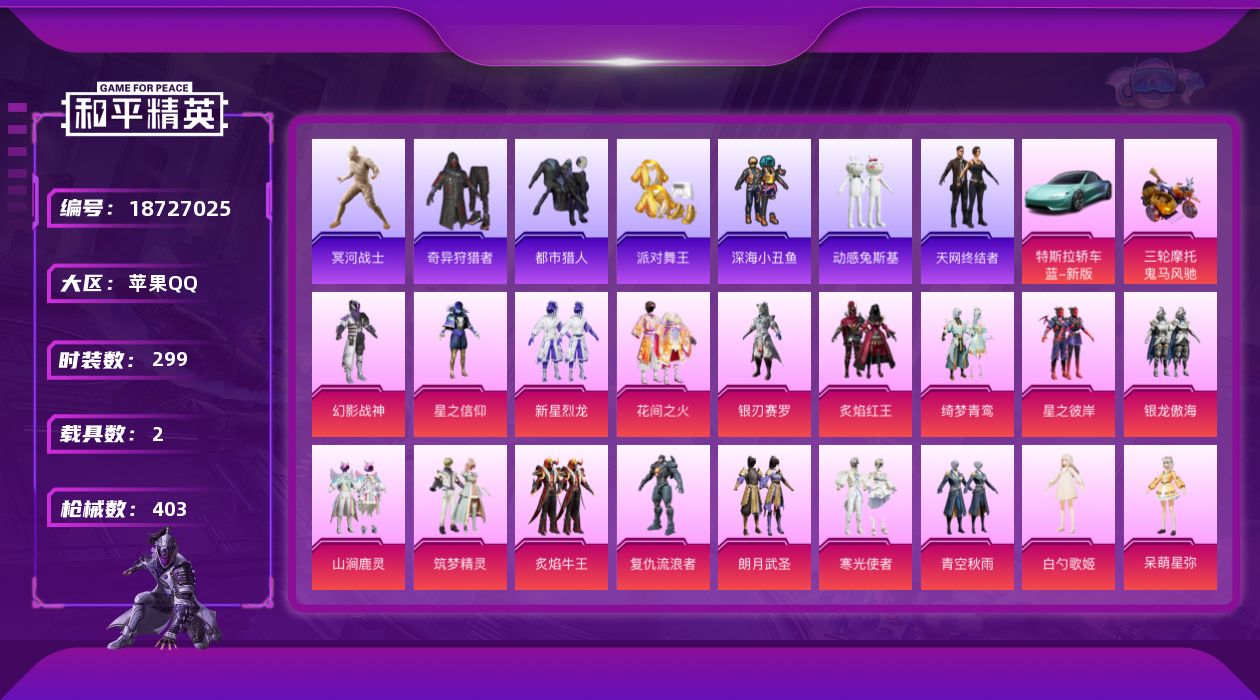 和平精英账号苹果QQ[18727025]苹果 手Q-25粉装-9特效枪-2载具-10粉色飞行器-137923热力值-17王牌印记-299套装-403枪皮
【热门品类】：套装-都市猎人，套装-冥河战士，套装-派对舞王，套装