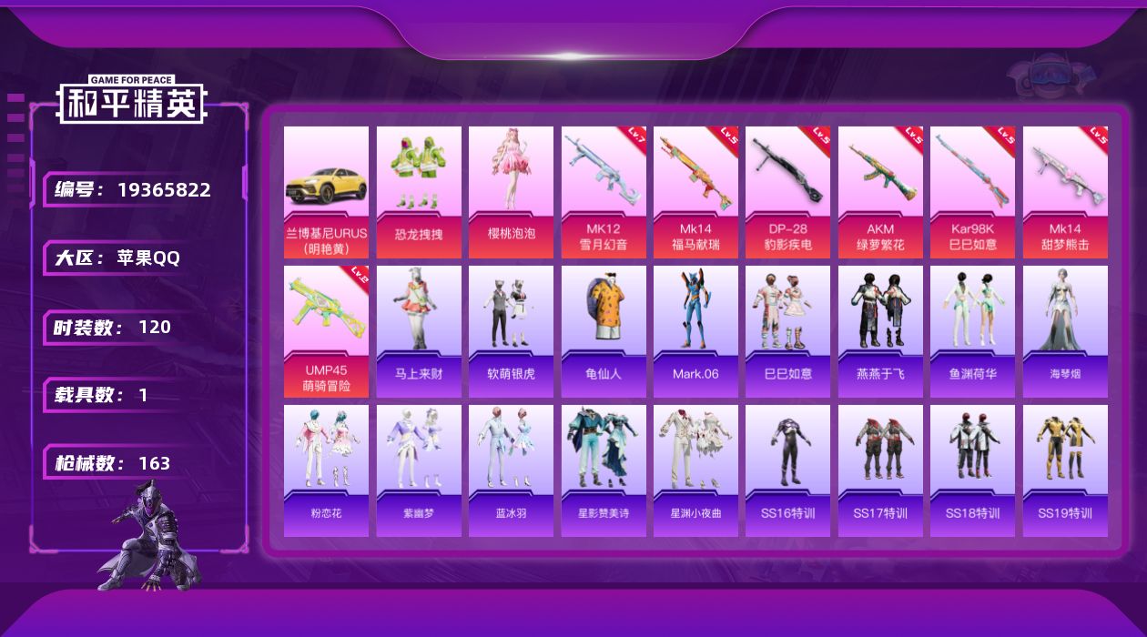 和平精英账号苹果QQ[19365822]苹果 手Q-2粉装-7特效枪-1载具-0粉色飞行器-49548热力值-7王牌印记-120套装-163枪皮
【热门品类】：套装-龟仙人，角色-Mark.06
【粉色套装】：粉装-恐龙