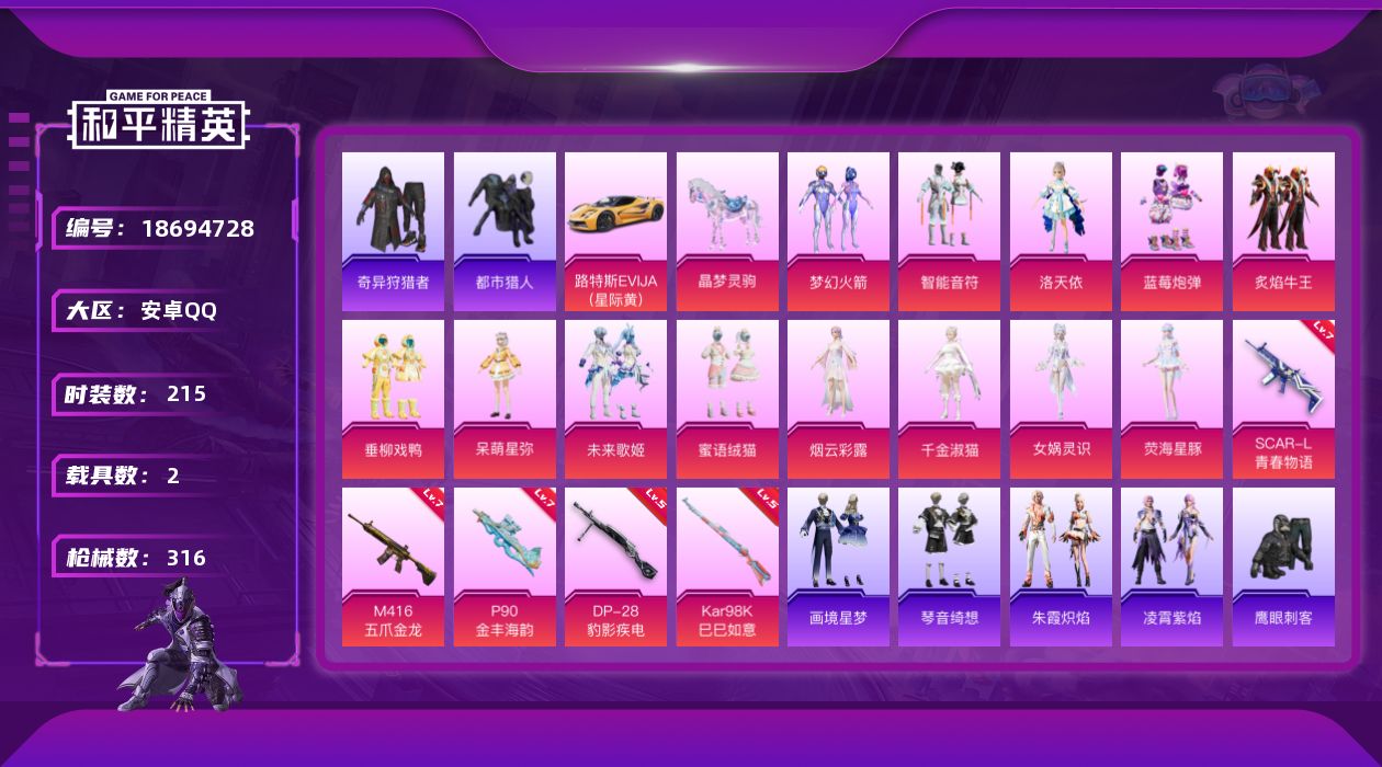 和平精英账号安卓QQ[18694728]安卓 手Q-13粉装-9特效枪-2载具-7粉色飞行器-102440热力值-9王牌印记-215套装-316枪皮
【热门品类】：粉装-梦幻火箭，套装-都市猎人，套装-奇异狩猎者，套装-