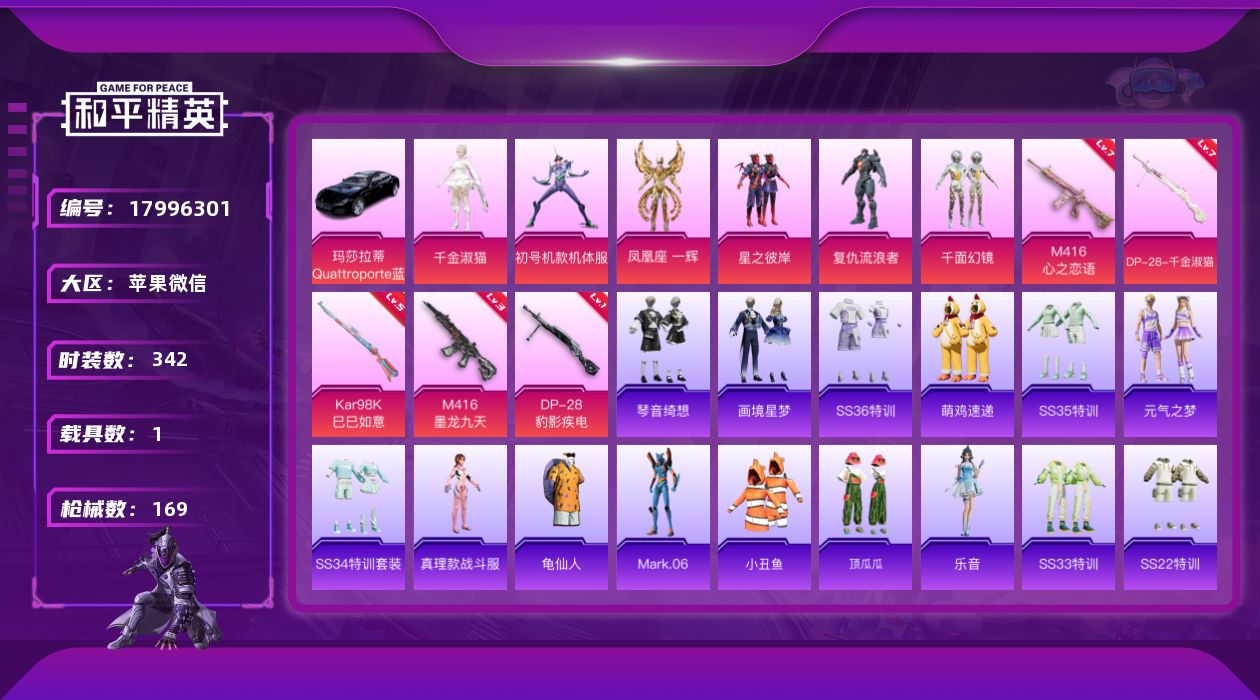 和平精英账号苹果微信1载具-99套装-169枪皮-社交限制 1载具6粉装9特效枪6热门99套装169枪皮 52763热力