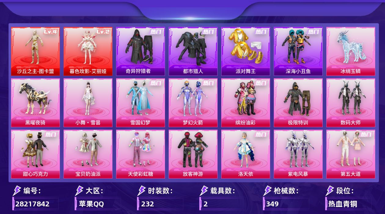 [28217842]苹果手Q-历史最高段位：无敌战神-2神装-19粉装-21特效枪-2载具-14粉色飞行器-120239热力值-17王牌印记-232套装-349枪皮
【红色神装等级】：暮色玫影-艾丽娅(二级)，沙丘之主-图卡盟(四级)
【红色角色神装】：暮色玫影-艾丽娅，沙丘之主-图卡盟
【热门品类】：粉装-雪国幻梦，粉装-梦幻火箭，粉装-缤纷油彩，套装-浪漫天命，套装-都市猎人，套装-派对舞王，套装-深海小丑鱼，套装-奇异狩猎者，套装-龟仙人，角色-Mark.06
【粉色套装】：粉装-极限特训，粉装-数码大师，粉装-甜心巧克力，粉装-宝贝奶油派，粉装-天使彩虹糖，粉装-雪国幻梦，粉装-梦幻火箭，粉装-缤纷油彩，粉装-放客神游，角色-洛天依，粉装-紫电风暴，粉装-第五大道，粉装-仲夏莫吉托，角色-圣堂之誓，角色-小蓝，角色-美雪，角色-智耀战神，角色-狂魅哈莉，人物-小舞·雪昙
【粉色枪皮等级】：AKM-炫紫旋律(一级)，AKM-绿萝繁花(五级)，SCAR-L-锦绣绵绵(五级)，SCAR-L-魔童闹海 哪吒(三级)，M416-风花雪月(七级)，M416-电玩时刻(五级)，M416-灵猫魔法师(三级)，GROZA-巴啦啦小魔仙(四级)，GROZA-镜光银凌(五级)，M762-鬼刀(五级)，UMP45-量子极限(五级)，UMP45-萌骑冒险(四级)，Vector-最终圣卫者(三级)，汤姆逊-玉魄流云(一级)，Kar98K-巳巳如意(五级)，Mk14-福马献瑞(五级)，DP-28-圣堂之誓(四级)，DP-28-豹影疾电(五级)，MG3-洛神天依(二级)，MG-36-沧焰双生(五级)，信号枪-金乌曜日(三级)
【粉色载具】：黑曜夜骑，冰绡玉鳞
【粉色枪皮】：AKM-炫紫旋律，AKM-绿萝繁花，SCAR-L-锦绣绵绵，SCAR-L-魔童闹海 哪吒，M416-风花雪月，M416-电玩时刻，M416-灵猫魔法师，GROZA-巴啦啦小魔仙，GROZA-镜光银凌，M762-鬼刀，UMP45-量子极限，UMP45-萌骑冒险，Vector-最终圣卫者，汤姆逊-玉魄流云，Kar98K-巳巳如意，Mk14-福马献瑞，DP-28-圣堂之誓，DP-28-豹影疾电，MG3-洛神天依，MG-36-沧焰双生，信号枪-金乌曜日
【粉色飞行器】：炫彩糖果飞行器，祥瑞起舞飞行器，脆鲨七海飞行器，圣域金龙飞行器，雀灵庇佑飞行器