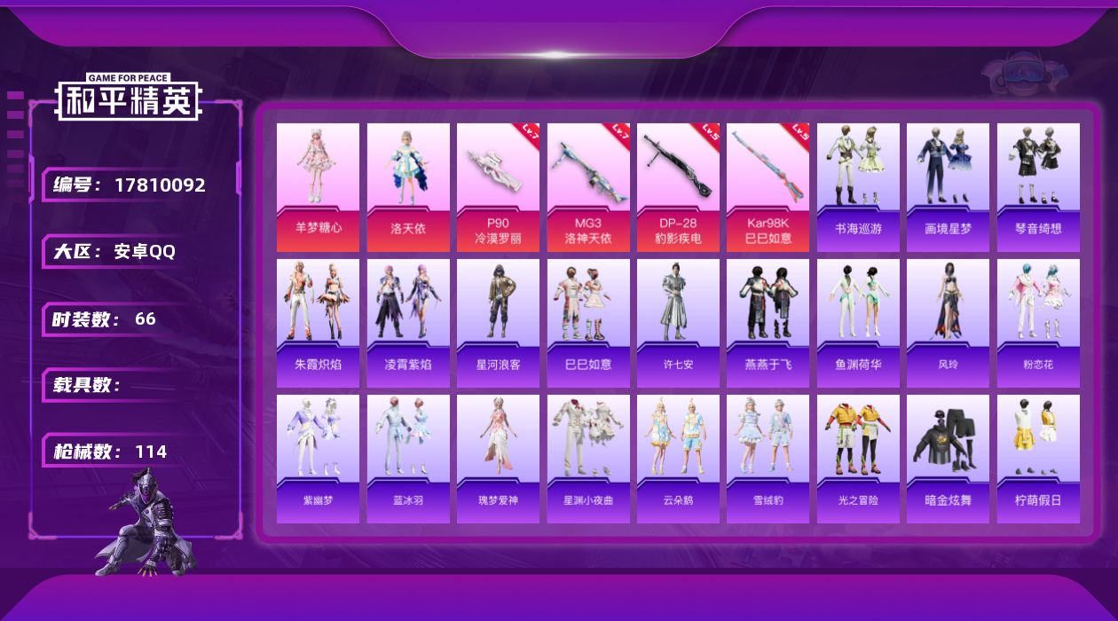 和平精英账号安卓QQ[17810092]安卓 手Q-2粉装-6特效枪-0载具-0粉色飞行器-30386热力值-5王牌印记-66套装-114枪皮
【热门品类】：套装-星河浪客
【粉色套装】：角色-洛天依，角色-羊梦糖心
【