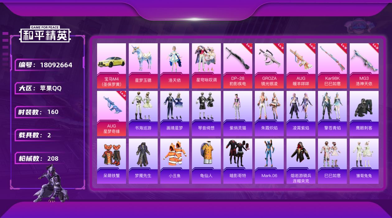 和平精英账号苹果QQ[18092664]苹果 手Q-2粉装-9特效枪-2载具-3粉色飞行器-61287热力值-12王牌印记-160套装-208枪皮
【热门品类】：套装-小丑鱼，套装-龟仙人，套装-暗影哥特，角色-Mark