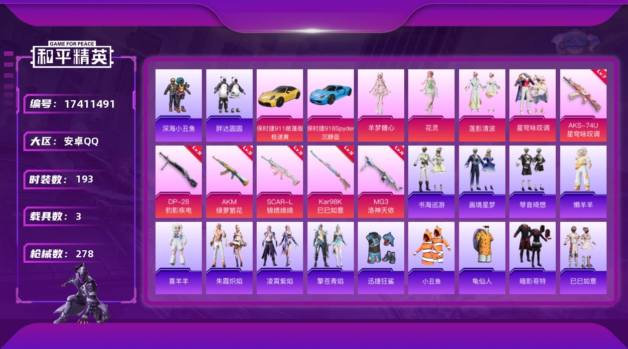 和平精英账号安卓QQ[17411491]【特价出售/店主推荐】安卓 手Q-1神装-5粉装-10特效枪-3载具-2粉色飞行器-91694热力值-15王牌印记-193套装-278枪皮
【红色神装等级】：灵驹仙姬-云歌(一级)