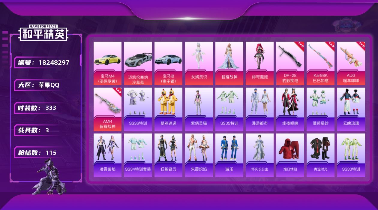 和平精英账号苹果QQ3载具-84套装-115枪皮-Q社交限制 3载具3粉装6特效枪3热门84套装115枪皮 33190热