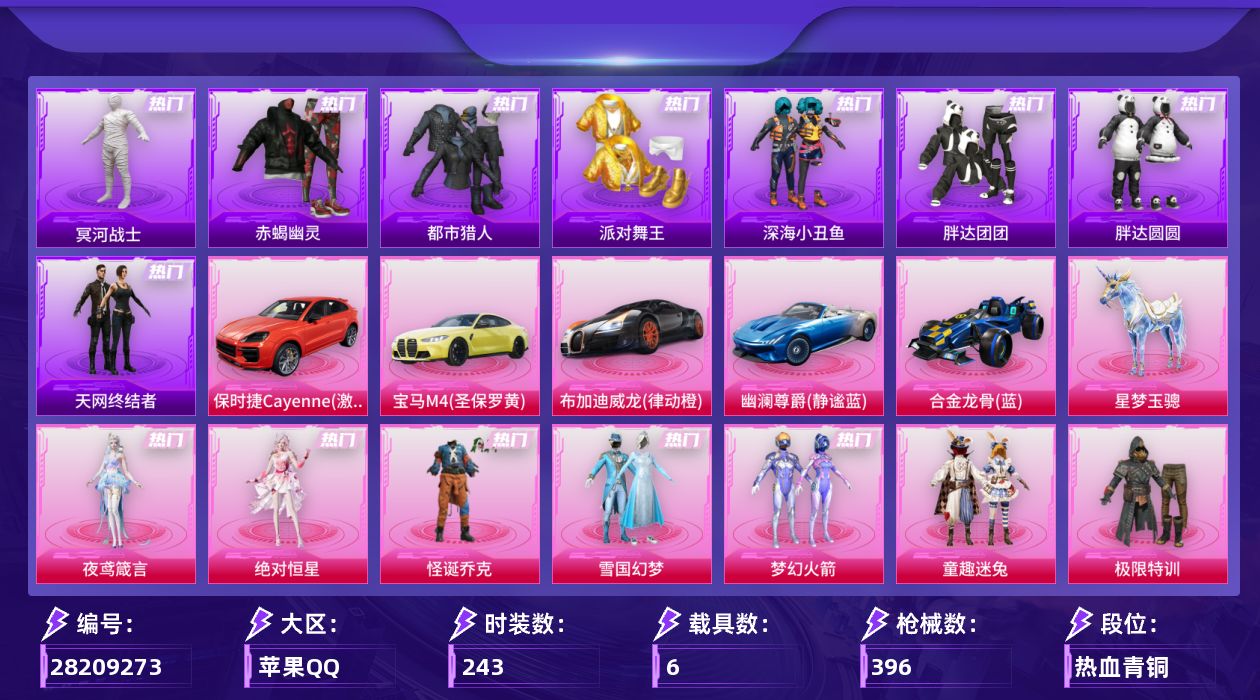 [28209273]苹果手Q-历史最高段位：绝世王牌23星-23粉装-25特效枪-6载具-11粉色飞行器-134638热力值-13王牌印记-243套装-396枪皮
【热门品类】：粉装-怪诞乔克，粉装-雪国幻梦，粉装-梦幻火箭，粉装-童趣迷兔，套装-赤蝎幽灵，套装-都市猎人，套装-冥河战士，套装-派对舞王，套装-深海小丑鱼，套装-小丑鱼，角色-军刀雅典娜，套装-胖达团团，套装-胖达圆圆，套装-天网终结者，套装-暗影哥特，角色-Mark.06，角色-六号稻草人，M416-星际漫游
【粉色套装】：角色-绝对恒星，粉装-极限特训，粉装-幻影战神，粉装-未来战士，粉装-怪诞乔克，粉装-甜心巧克力，粉装-宝贝奶油派，粉装-天使彩虹糖，粉装-雪国幻梦，粉装-梦幻火箭，粉装-放客神游，粉装-绚金战神，粉装-童趣迷兔，粉装-炙焰红王，粉装-恐龙拽拽，粉装-第五大道，粉装-仲夏莫吉托，角色-星梦奇缘，角色-初号机 觉醒Ver.，粉装-星穹咏叹调，粉装-幻彩电音，角色-冷漠罗丽，角色-夜鸢箴言
【粉色枪皮等级】：AKM-甜心宝贝(七级)，AKM-暮色玫影(三级)，SCAR-L-童趣迷兔(七级)，SCAR-L-青春物语(一级)，M416-灵猫魔法师(六级)，AUG-超新星(五级)，AUG-星梦奇缘(九级)，UMP45-量子极限(五级)，汤姆逊-玉魄流云(五级)，AKS-74U-星穹咏叹调(四级)，P90-甜蜜草莓(六级)，Kar98K-巳巳如意(五级)，AWM-湮灭星辰(七级)，Mk14-甜梦熊击(五级)，Mk14-福马献瑞(五级)，AMR-智耀战神(一级)，AA12-G-萌骑幻想(五级)，AA12-G-其乐融融(五级)，DP-28-千金淑猫(二级)，DP-28-豹影疾电(五级)，MG-36-幻彩电音(五级)，MG-36-沧焰双生(五级)，平底锅-仲夏莫吉托(二级)，破片手榴弹-瓶中星球(七级)
【粉色载具】：宝马M4（圣保罗黄），布加迪威龙（律动橙），保时捷Cayenne（激情红），幽澜尊爵（静谧蓝），合金龙骨（蓝），星梦玉骢
【粉色枪皮】：AKM-甜心宝贝，AKM-暮色玫影，SCAR-L-童趣迷兔，SCAR-L-青春物语，M416-灵猫魔法师，AUG-超新星，AUG-星梦奇缘，UMP45-量子极限，汤姆逊-玉魄流云，AKS-74U-星穹咏叹调，P90-甜蜜草莓，Kar98K-巳巳如意，AWM-湮灭星辰，