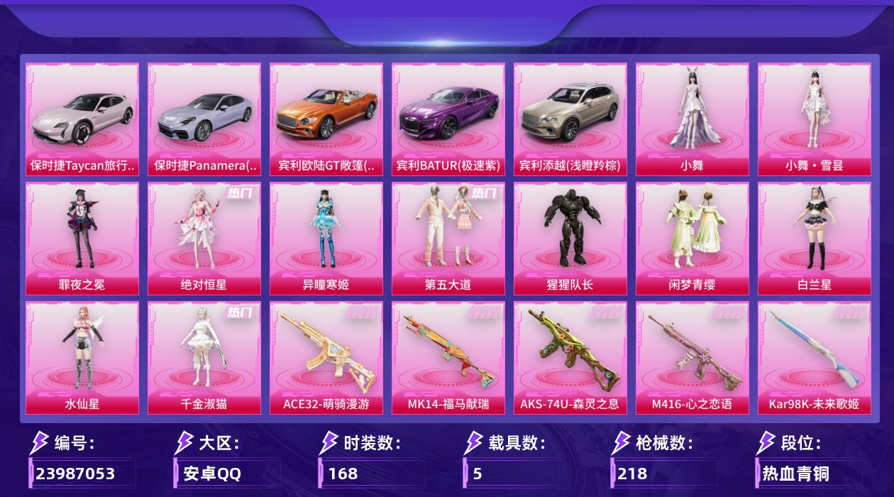 和平精英账号安卓QQ[23987053]【特价出售/店主推荐】安卓手Q-14粉装-9特效枪-5载具-7粉色飞行器-79271热力值-8王牌印记-168套装-218枪皮【热门品类】：套装-龟仙人【粉色套装】：角色-绝对恒星