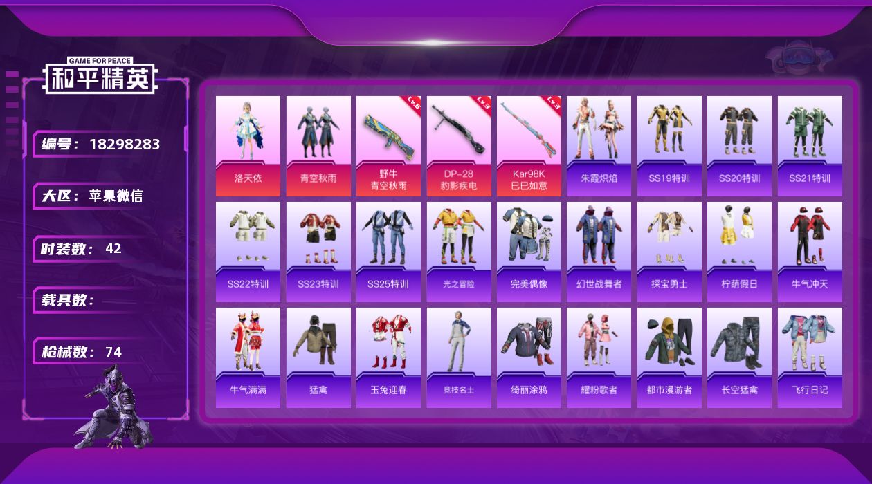和平精英账号苹果微信实名: 可修改 时装数: 42 枪械数: 74 战备数: 63 热门装扮: 洛天依,青空秋雨 稀有枪皮: 六级野牛-青空秋雨，三级Kar98K-巳巳如意,三级DP-28-豹影疾电