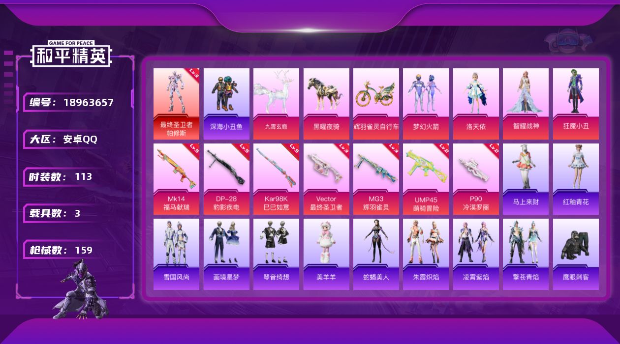 和平精英账号安卓QQ[18963657]113套装/枪械7/装备178/载具3/战备120/王牌印记12/热力值51306/二级UMP45-萌骑冒险/三级Vector-最终圣卫者/二级P90-冷漠罗丽/五级Kar98K-