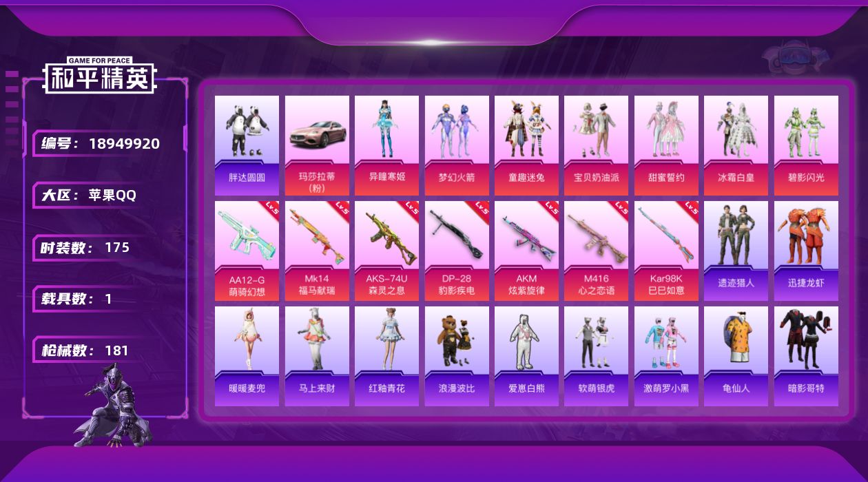 和平精英账号苹果QQ[18949920]DAS13066 精品妹妹号 (可二次实名) 苹果Q-1稀有1载具7粉装7特效枪18热门175套装181枪皮 59451热力值 11印记 历史超级王牌12星 梦幻火箭 宝贝奶油派
