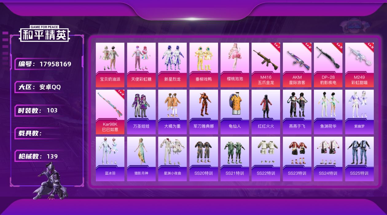 和平精英账号安卓QQ[17958169]安卓 手Q-5粉装-7特效枪-0载具-0粉色飞行器-41860热力值-8王牌印记-103套装-139枪皮
【热门品类】：角色-军刀雅典娜，套装-龟仙人，套装-红红火火
【粉色套装】