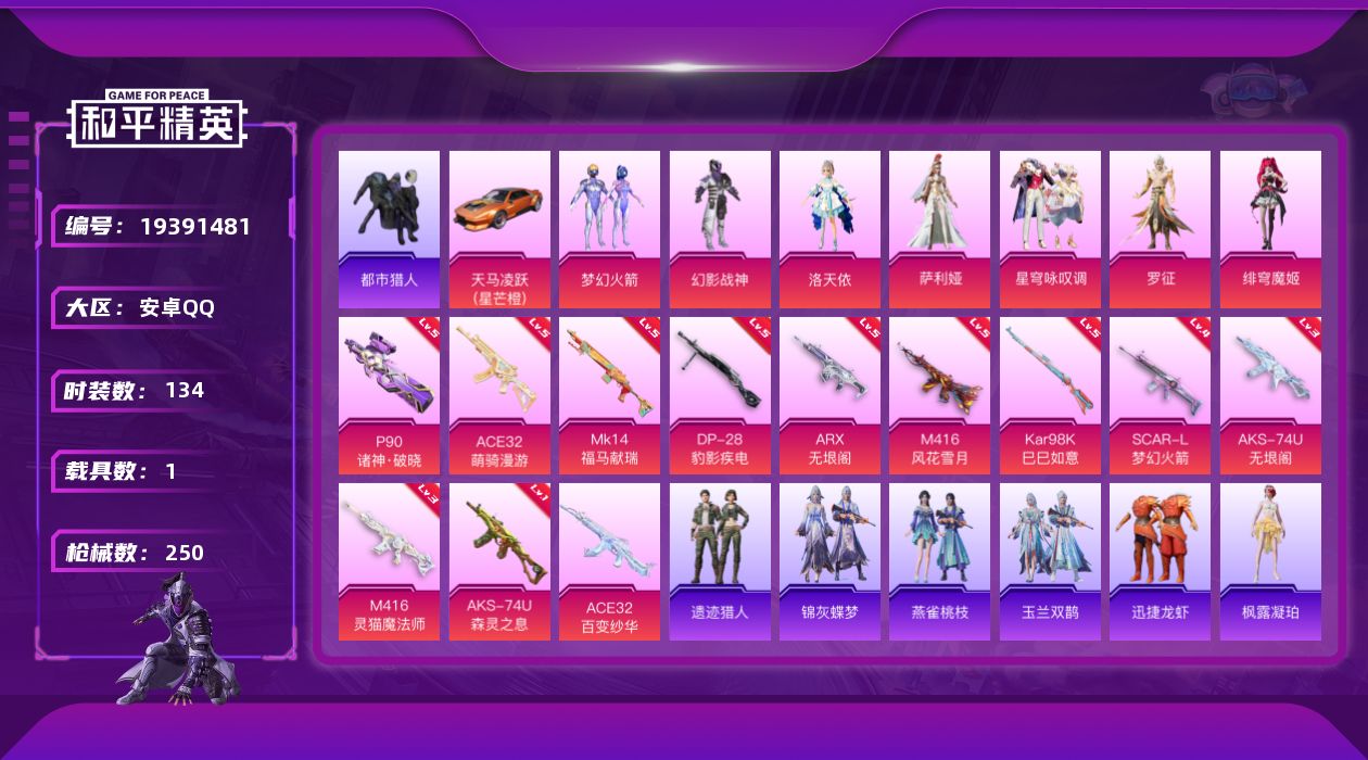 和平精英账号安卓QQ[19391481]134套装/枪械12/装备288/载具1/战备150/王牌印记5/热力值70685/四级SCAR-L-梦幻火箭/五级M416-风花雪月/三级M416-灵猫魔法师/五级ACE32-萌
