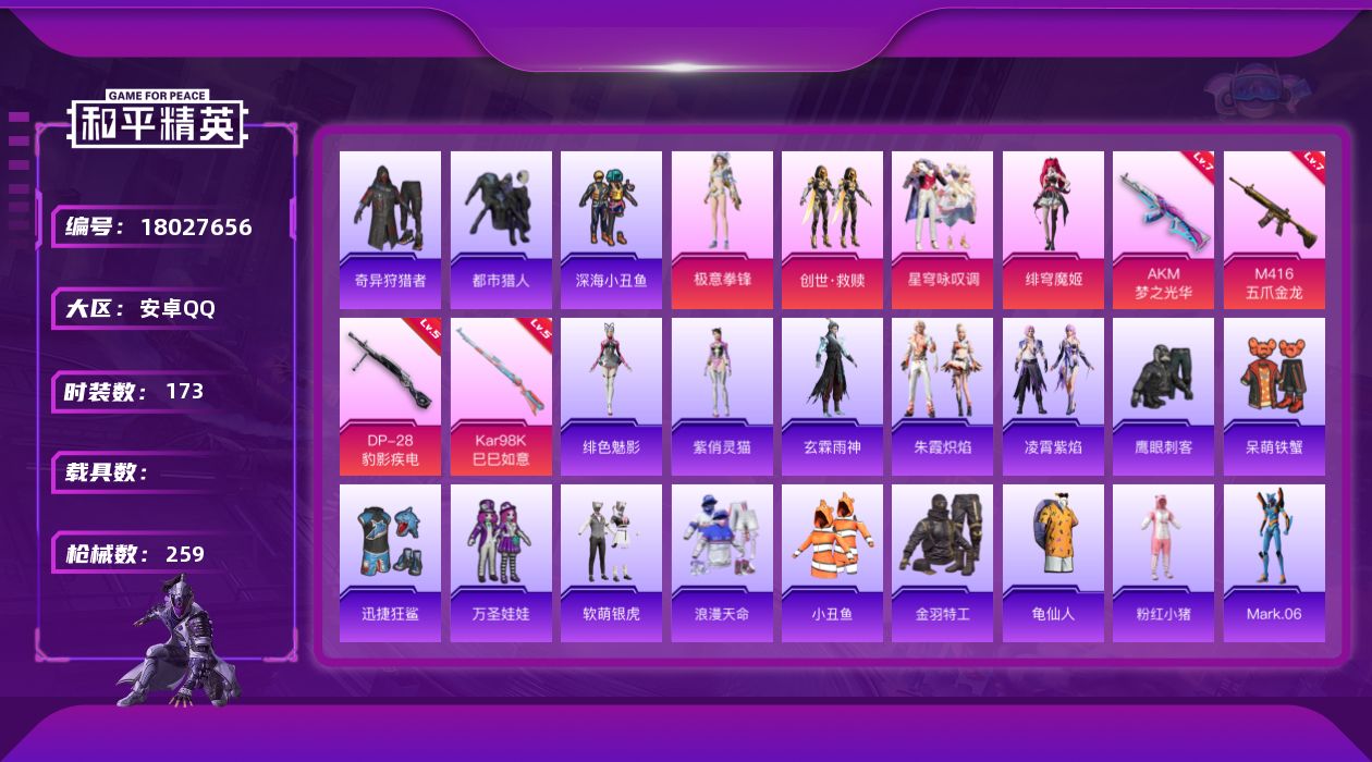 和平精英账号安卓QQ[18027656]时装数: 629 枪械数: 259 战备数: 184 热门装扮: 奇异狩猎者,呆