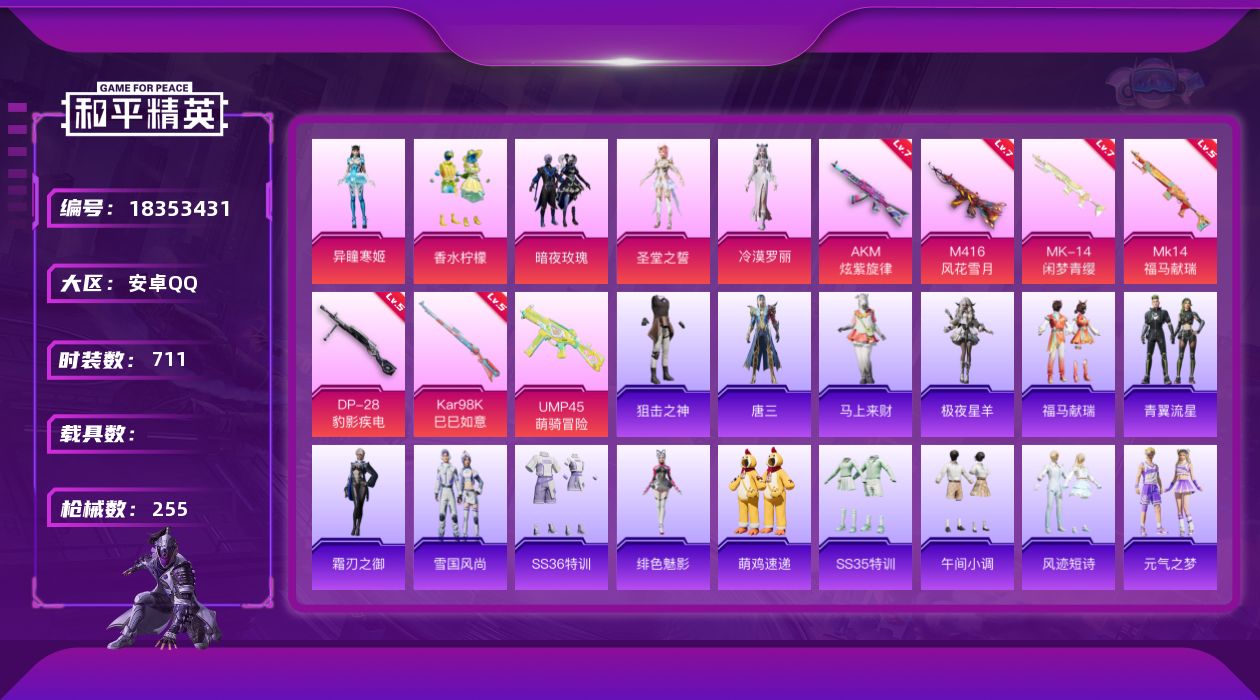 和平精英账号安卓QQ6粉装 7特效枪 可二次 可修改实名 
【热门装扮】冷漠罗丽,异瞳寒姬,香水柠檬,暗夜玫瑰,圣堂之誓