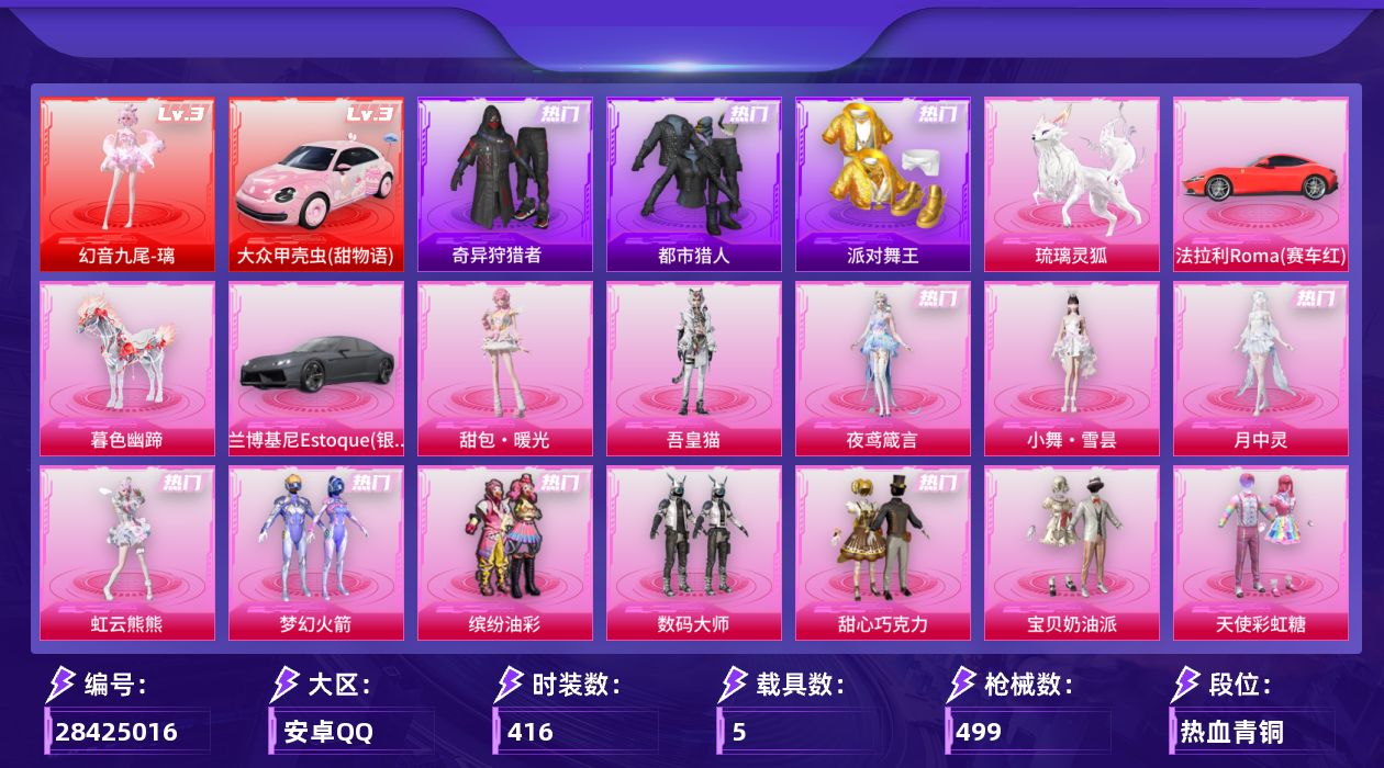 [28425016]安卓手Q-历史最高段位：传奇王牌20星-1神装-27粉装-19特效枪-5载具-13粉色飞行器-189737热力值-27王牌印记-416套装-499枪皮
【红色载具等级】：大众甲壳虫（甜物语）(三级)
【红色神装等级】：幻音九尾-璃(三级)
【红色角色神装】：幻音九尾-璃
【热门品类】：粉装-梦幻火箭，粉装-缤纷油彩，套装-浪漫天命，套装-都市猎人，套装-派对舞王，套装-小丑鱼，套装-奇异狩猎者，角色-2B战斗服款，角色-2P战斗服款，套装-龟仙人，套装-暗影哥特，套装-浪漫波比，套装-粉红小猪，套装-萌熊伴侣，套装-红熊茄茄
【粉色套装】：粉装-碎梦浮光，粉装-数码大师，粉装-甜心巧克力，粉装-宝贝奶油派，粉装-天使彩虹糖，粉装-梦幻火箭，粉装-天启纪元，粉装-缤纷油彩，粉装-冰霜白皇，粉装-炙焰红王，角色-洛天依，粉装-筑梦精灵，粉装-甜梦小狐，粉装-第五大道，粉装-炫光之旅，粉装-蜜语绒猫，角色-千金淑猫，角色-樱桃泡泡，角色-智耀战神，角色-绯穹魔姬，角色-奇迹舞步 美琪，角色-月中灵，角色-虹云熊熊，人物-小舞·雪昙，角色-夜鸢箴言，角色-吾皇猫，人物-甜包·暖光
【粉色枪皮等级】：AKM-暮色玫影(三级)，SCAR-L-童趣迷兔(四级)，SCAR-L-甜梦小狐(六级)，SCAR-L-纯梦嫁纱(七级)，SCAR-L-灵驹仙姬(三级)，M416-心之恋语(七级)，AUG-暖羊咩咩(五级)，UMP45-萌骑冒险(五级)，Vector-流风之羽(五级)，汤姆逊-玉魄流云(五级)，AKS-74U-琉璃赤心(五级)，P90-金丰海韵(七级)，Kar98K-未来歌姬(六级)，Kar98K-巳巳如意(五级)，Mk14-樱桃泡泡(七级)，Mk14-福马献瑞(五级)，AA12-G-其乐融融(四级)，DP-28-豹影疾电(五级)，MG3-洛神天依(六级)
【粉色载具】：大众甲壳虫（甜物语），法拉利Roma（赛车红），兰博基尼Estoque（银翼灰），暮色幽蹄，琉璃灵狐
【粉色枪皮】：AKM-暮色玫影，SCAR-L-童趣迷兔，SCAR-L-甜梦小狐，SCAR-L-纯梦嫁纱，SCAR-L-灵驹仙姬，M416-心之恋语，AUG-暖羊咩咩，UMP45-萌骑冒险，Vector-流风之羽，汤姆逊-玉魄流云，AKS-74U-琉璃赤心，P90-金丰海韵，Kar98K-未来歌姬，Kar98K-