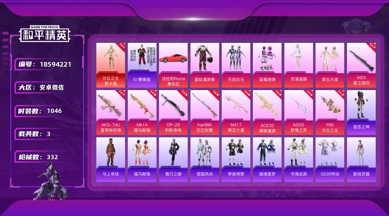 和平精英账号安卓微信[18594221]1红装 6粉装 9特效枪 3载具 8印记 可二次 可修改实名 
【一级神装】一级