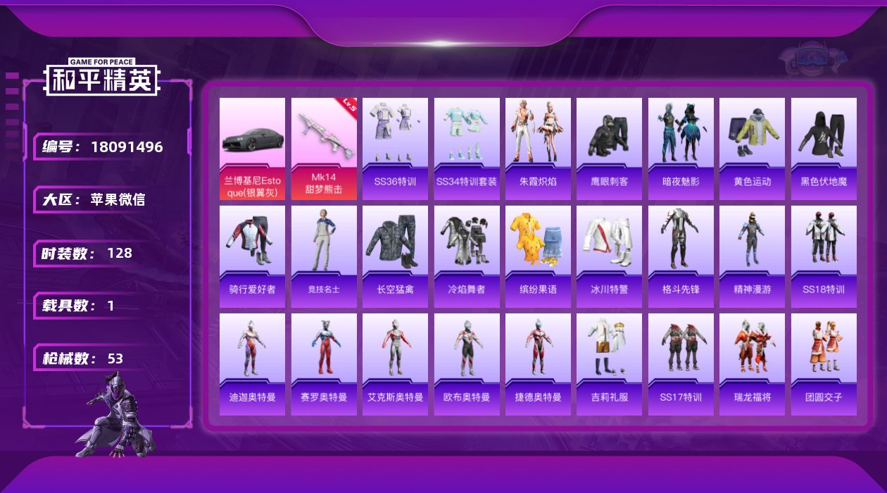 和平精英账号苹果微信1特效枪 1载具 1印记 可二次 可修改实名 
【热门装扮】鹰眼刺客,暗夜魅影
【载具】兰博基尼Es