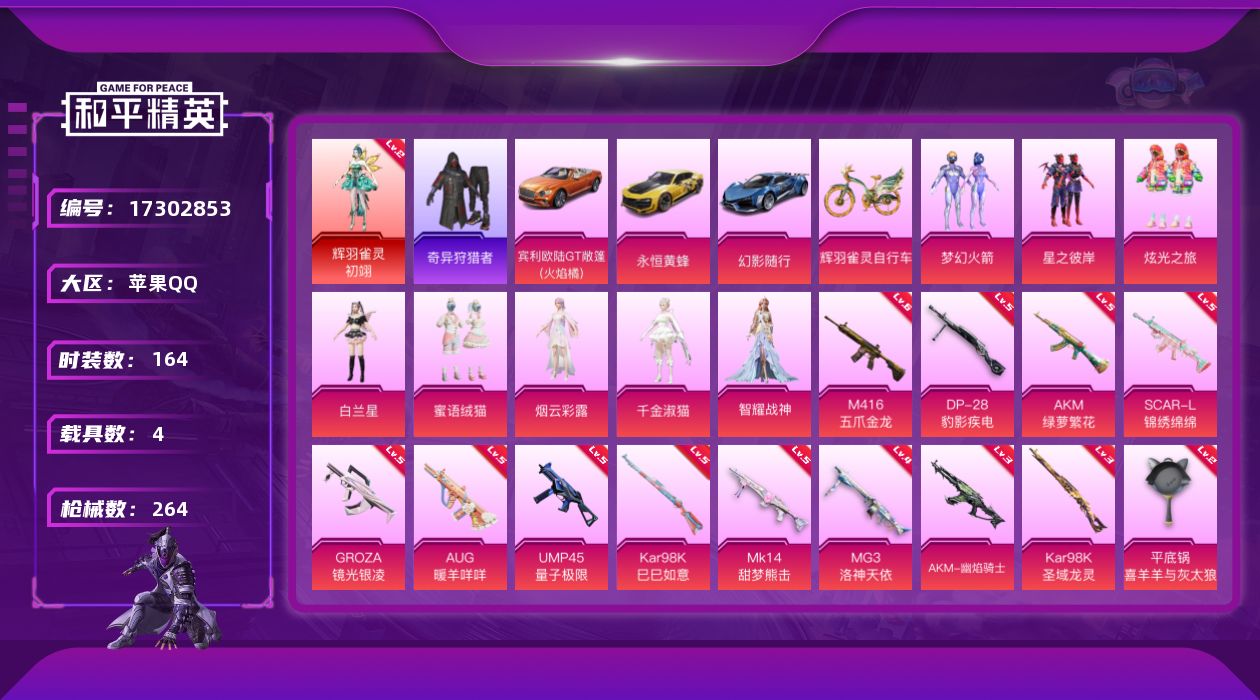 和平精英账号苹果QQ[17302853]苹果 手Q-1神装-8粉装-13特效枪-4载具-9粉色飞行器-85353热力值-17王牌印记-164套装-264枪皮【红色神装等级】：辉羽雀灵-初翊(二级)【红色角色神装】：辉羽雀