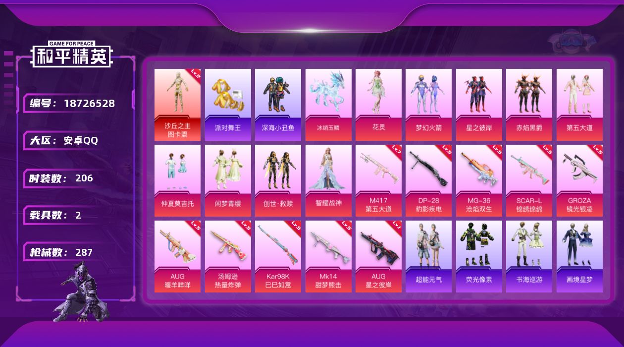 和平精英账号安卓QQ[18726528]安卓 手Q-1神装-9粉装-16特效枪-2载具-11粉色飞行器-93076热力值-16王牌印记-206套装-287枪皮
【红色神装等级】：沙丘之主-图卡盟(二级)
【红色角色神装】