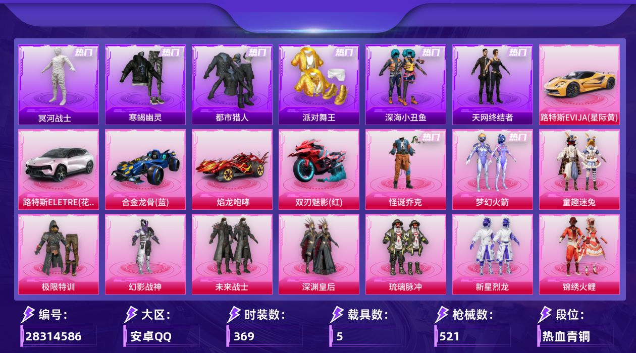 [28314586]安卓手Q-历史最高段位：传奇王牌19星-39粉装-27特效枪-5载具-8粉色飞行器-179881热力值-23王牌印记-369套装-521枪皮
【热门品类】：粉装-怪诞乔克，粉装-梦幻火箭，粉装-童趣迷兔，套装-寒蝎幽灵，套装-浪漫天命，套装-都市猎人，套装-冥河战士，套装-派对舞王，套装-深海小丑鱼，套装-小丑鱼，套装-天网终结者，套装-金羽特工，套装-星河浪客，套装-SMG追光队服，套装-龟仙人，套装-暗影哥特，套装-粉红小猪，M416-星际漫游，熔岩游骑兵连帽夹克，套装-红熊茄茄
【粉色套装】：粉装-极限特训，粉装-幻影战神，粉装-未来战士，粉装-怪诞乔克，粉装-深渊皇后，粉装-梦幻火箭，粉装-琉璃脉冲，粉装-新星烈龙，粉装-锦绣火鲤，粉装-冰霜白皇，粉装-童趣迷兔，粉装-炙焰红王，粉装-彩虹鹿灵，粉装-山涧鹿灵，粉装-花影阑珊，粉装-精灵娃娃，粉装-酣梦娃娃，粉装-暗星紫秘，粉装-焦糖拿铁，粉装-碧影闪光，粉装-海盐物语，粉装-薄荷物语，粉装-恐龙拽拽，粉装-庄周梦蝶，粉装-幻梦音符，粉装-绚丽摇曳，粉装-闪耀律动，粉装-橘柚倾心，粉装-冷魅冰骑，粉装-赤焰黑爵，粉装-紫电风暴，粉装-筑梦精灵，粉装-霞光圣骑，粉装-仲夏莫吉托，角色-呆萌星弥，角色-小可学妹，角色-烟云彩露，粉装-星穹咏叹调，角色-冷漠罗丽
【粉色枪皮等级】：李-恩菲尔德-破风疾驰(四级)，AKM-绿萝繁花(五级)，SCAR-L-童趣迷兔(七级)，SCAR-L-青春物语(一级)，GROZA-巴啦啦小魔仙(五级)，GROZA-镜光银凌(五级)，AUG-超新星(五级)，AUG-暖羊咩咩(五级)，M762-冷魅冰骑(七级)，蜜獾-辉耀战甲(五级)，ACE32-萌骑漫游(五级)，UZI-绮梦青鸾(七级)，UMP45-恐龙拽拽(七级)，Vector-绯穹魔姬(七级)，汤姆逊-玉魄流云(五级)，AKS-74U-森灵之息(五级)，P90-冷漠罗丽(五级)，Kar98K-巳巳如意(五级)，AWM-橘柚倾心(五级)，SKS-碧影闪光(四级)，Mk14-甜梦熊击(五级)，Mk14-福马献瑞(四级)，AA12-G-其乐融融(五级)，DP-28-豹影疾电(五级)，MG3-洛神天依(五级)，平底锅-仲夏莫吉托(四级)，破片手榴弹-瓶中星球(七级)
【粉色载具】：路特斯EVIJA（星际黄），路特斯ELETRE（花绽灰）