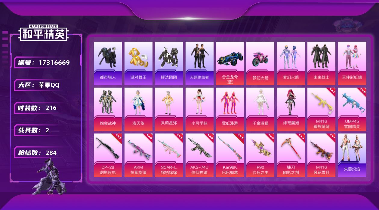 和平精英账号苹果QQ[17316669]DF718 苹果 手Q-10粉装-12特效枪-2载具-8粉色飞行器-92924热力值-17王牌印记-216套装-284枪皮
【热门品类】：粉装-梦幻火箭，套装-浪漫天命，套装-都市