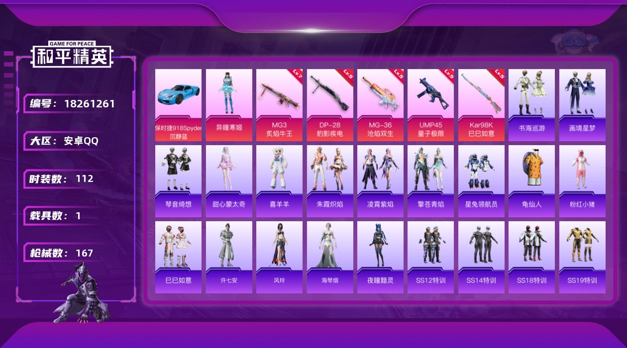 和平精英账号安卓QQ[18261261]安卓 手Q-1粉装-7特效枪-1载具-0粉色飞行器-47712热力值-4王牌印记-112套装-167枪皮
【热门品类】：套装-龟仙人，套装-粉红小猪
【粉色套装】：角色-异瞳寒姬
