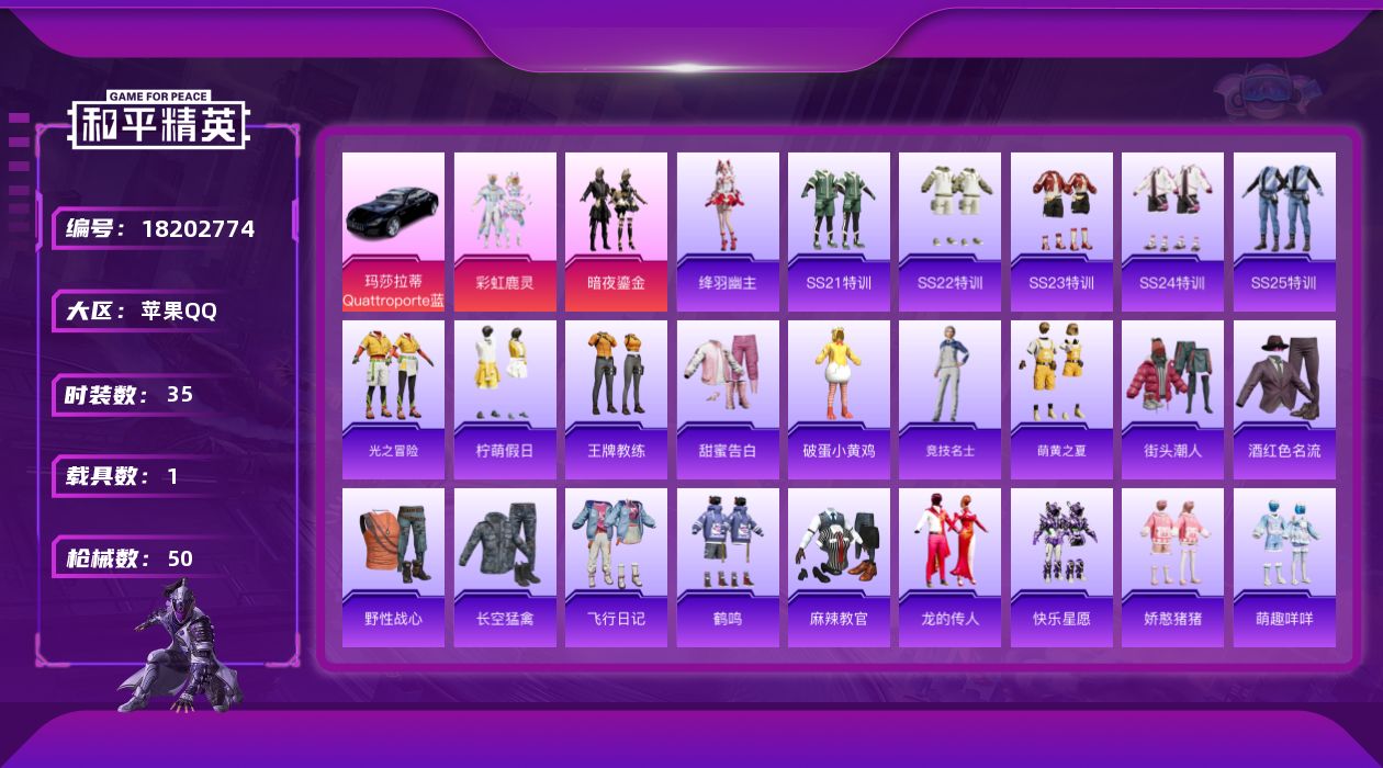 和平精英账号苹果QQ[18202774]可二次【特价出售/店主推荐】苹果 手Q-2粉装-1载具-14366热力值-3王牌印记-35套装-50枪皮【粉色套装】：粉装-彩虹鹿灵，粉装-暗夜鎏金【粉色载具】：玛莎拉蒂Quatt