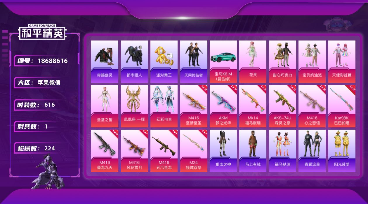 和平精英账号苹果微信[18688616]7粉装 10特效枪 1载具 16印记 可二次 可修改实名 
【九级特效枪】九级M
