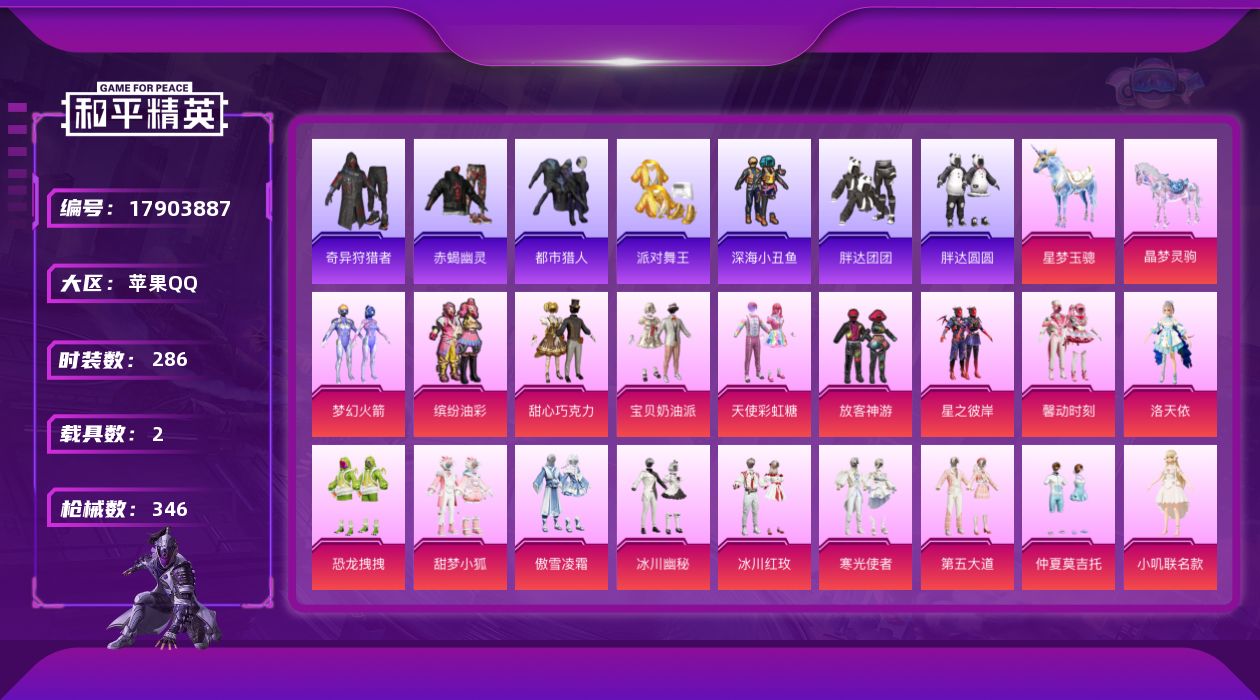 和平精英账号苹果QQ[17903887]【特价出售/店主推荐】/绝世印记1 苹果 手Q-29粉装-17特效枪-2载具-10粉色飞行器-121890热力值-19王牌印记-286套装-346枪皮【热门品类】：粉装-梦幻火箭，