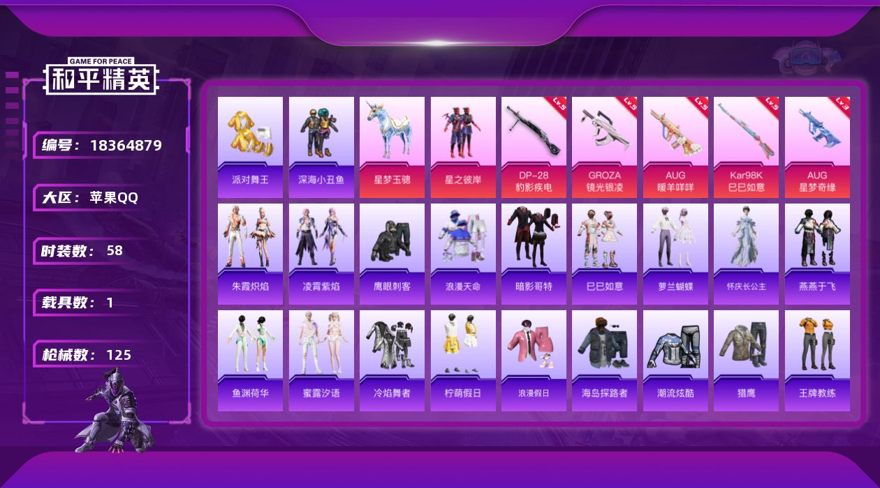 和平精英账号苹果QQ[18364879]【特价出售/店主推荐】苹果 手Q-1粉装-8特效枪-1载具-1粉色飞行器-30649热力值-0王牌印记-58套装-125枪皮【热门品类】：套装-浪漫天命，套装-派对舞王，套装-深海
