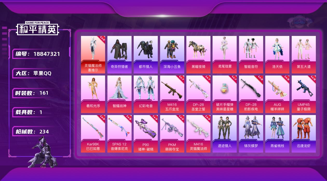 和平精英账号苹果QQ[18847321]枪皮号！苹果 手Q-1神装-7粉装-11特效枪-1载具-7粉色飞行器-76174热力值-17王牌印记-161套装-234枪皮
【红色神装等级】：灵猫魔法师-塞维尔(二级)
【红色角