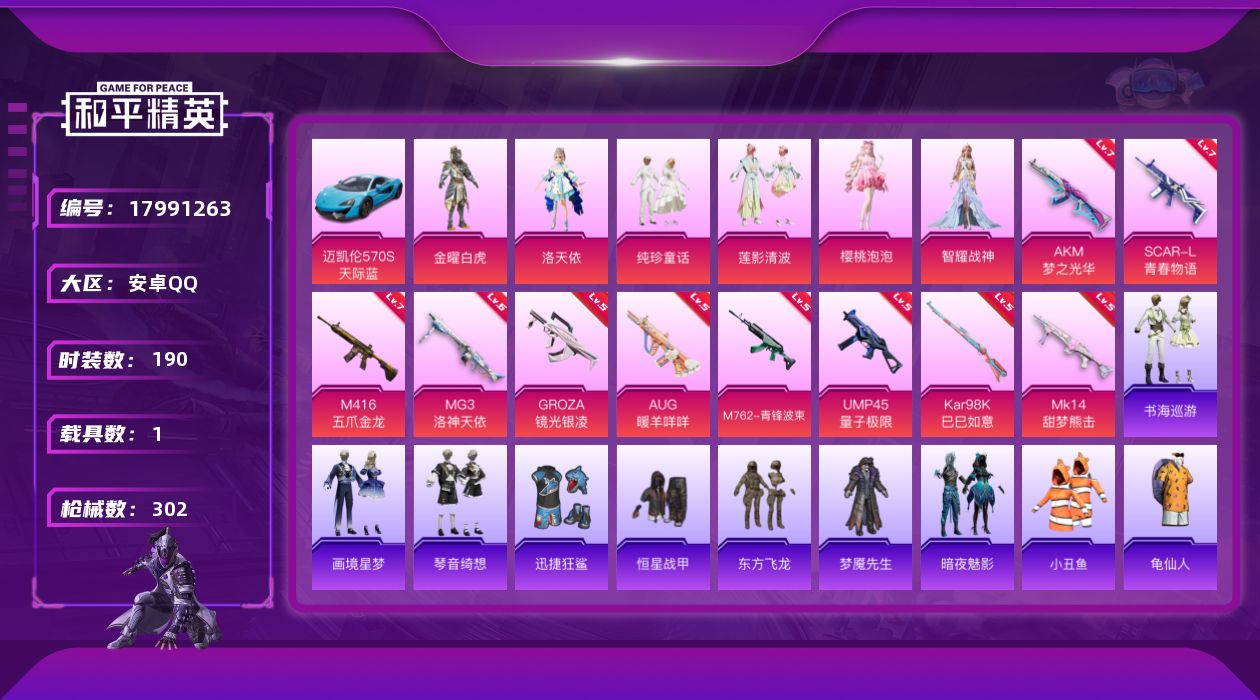 和平精英账号安卓QQ[17991263]安卓 手Q-6粉装-13特效枪-1载具-0粉色飞行器-90469热力值-19王牌印记-190套装-302枪皮
【热门品类】：绝对防御上衣，套装-小丑鱼，套装-龟仙人，套装-粉红小猪