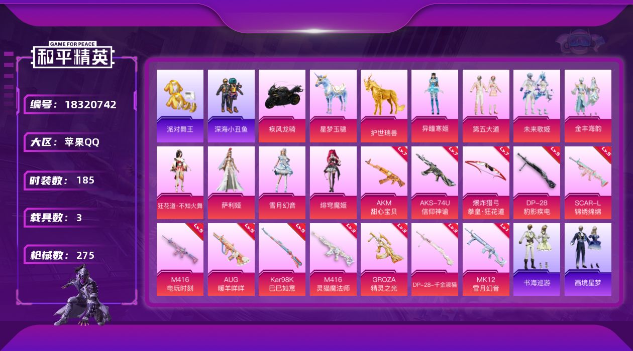 和平精英账号苹果QQ[18320742]苹果 手Q-8粉装-14特效枪-3载具-13粉色飞行器-91833热力值-14王牌印记-185套装-275枪皮
【热门品类】：套装-派对舞王，套装-深海小丑鱼，套装-小丑鱼，套装-