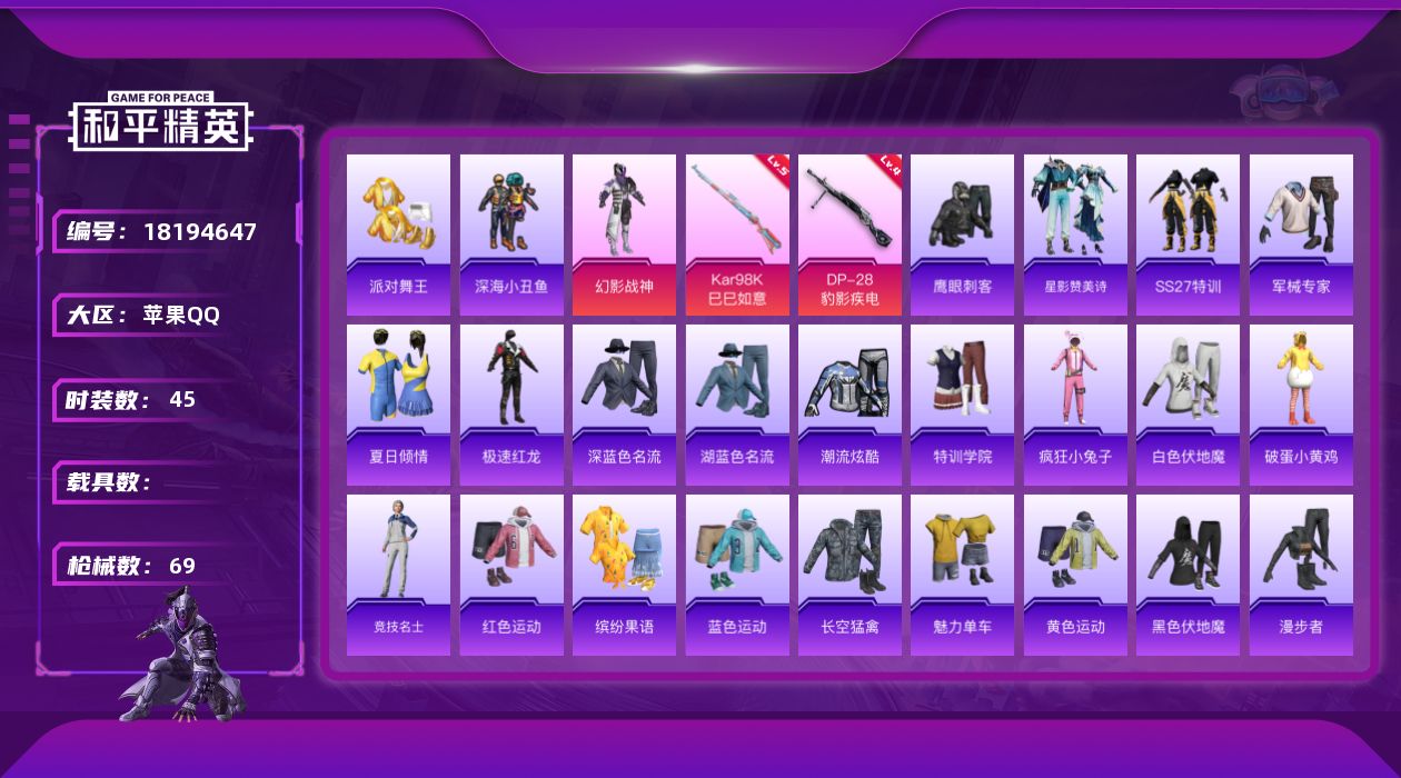 和平精英账号苹果QQ[18194647]可二次【特价出售/店主推荐】苹果 手Q-1粉装-5特效枪-1粉色飞行器-20290热力值-1王牌印记-45套装-69枪皮【热门品类】：套装-派对舞王，套装-深海小丑鱼【粉色套装】：