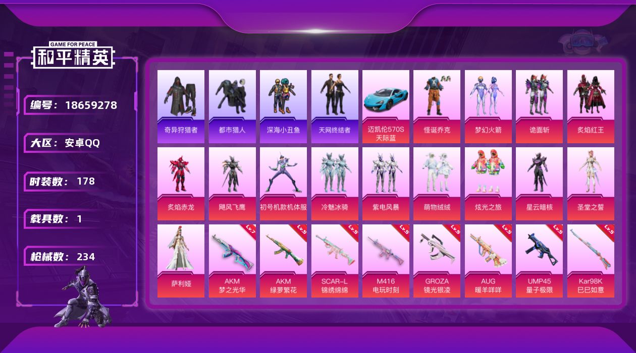 和平精英账号安卓QQ[18659278]粉装14/粉枪11/载具1/珍稀飞行器72267,100782,103464,101481/套装178/枪皮234/热力值72033/历史最高段位:王牌印记8次/Lv:62/七级A