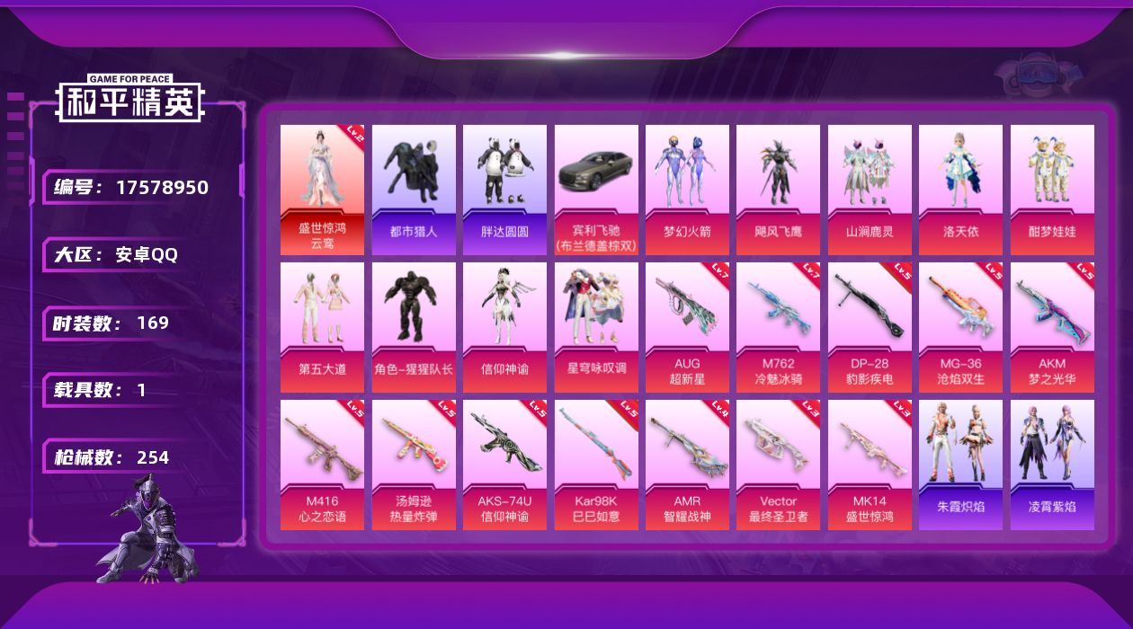 和平精英账号安卓QQ[17578950]【店主推荐捡漏号！可直接换绑】安卓 手Q-1神装-9粉装-15特效枪-1载具-5粉色飞行器-80725热力值-14王牌印记-169套装-254枪皮【红色神装等级】：盛世惊鸿-云鸾(