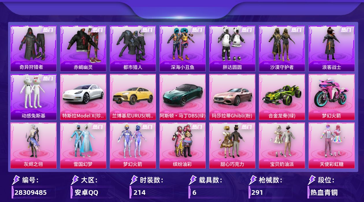 [28309485]安卓手Q-历史最高段位：绝世王牌17星-19粉装-14特效枪-6载具-4粉色飞行器-107984热力值-9王牌印记-214套装-291枪皮
【热门品类】：粉装-雪国幻梦，粉装-梦幻火箭，粉装-缤纷油彩，套装-浪漫天命，套装-赤蝎幽灵，套装-都市猎人，套装-深海小丑鱼，套装-小丑鱼，套装-奇异狩猎者，套装-胖达圆圆，套装-沙漠守护者，套装-星河浪客，套装-浪客战士，套装-动感兔斯基人偶服，套装-龟仙人，套装-潮萌小黄鸭，套装-暗影哥特，套装-浪漫波比，套装-粉红小猪，套装-红红火火
【粉色套装】：角色-灰烬之翎，粉装-甜心巧克力，粉装-宝贝奶油派，粉装-天使彩虹糖，粉装-雪国幻梦，粉装-蝶舞迷情，粉装-梦幻火箭，粉装-缤纷油彩，粉装-放客神游，粉装-心之恋语，粉装-极致幻想，粉装-星空之魅，粉装-香水柠檬，粉装-暗夜玫瑰，角色-洛天依，粉装-精灵娃娃，粉装-天之羽翼，粉装-碧影闪光，角色-樱桃泡泡
【粉色枪皮等级】：AKM-甜心宝贝(七级)，AKM-梦之光华(一级)，SCAR-L-梦幻火箭(五级)，M416-五爪金龙(五级)，M416-心之恋语(一级)，GROZA-焦糖拿铁(七级)，M762-甜蜜誓约(五级)，M762-激战未来(一级)，ARX-神木藏锋(五级)，UMP45-雪国精灵(七级)，汤姆逊-玉魄流云(五级)，AKS-74U-琉璃赤心(五级)，Kar98K-绿意幻情(二级)，DP-28-豹影疾电(五级)
【粉色载具】：特斯拉Model X（珍珠白），兰博基尼URUS（明艳黄），阿斯顿马丁DBS（绿），玛莎拉蒂Ghibli（粉），合金龙骨（绿），双人摩托-梦幻火箭
【粉色枪皮】：AKM-甜心宝贝，AKM-梦之光华，SCAR-L-梦幻火箭，M416-五爪金龙，M416-心之恋语，GROZA-焦糖拿铁，M762-甜蜜誓约，M762-激战未来，ARX-神木藏锋，UMP45-雪国精灵，汤姆逊-玉魄流云，AKS-74U-琉璃赤心，Kar98K-绿意幻情，DP-28-豹影疾电
【粉色飞行器】：炫彩糖果飞行器，梦幻火箭飞行器，四圣焕新飞行器，甜心娃娃飞行器
【粉色降落伞】：灰烬之翎降落伞，碎梦浮光降落伞，破风疾驰降落伞，快乐主宰降落伞，百万伏特降落伞，甜心宝贝降落伞，春暖花开降落伞，梦幻火箭降落伞，神秘黑猫降落伞，甜蜜誓约降落伞，四圣焕新降落伞，阿狸红降落伞，香水柠檬降落伞