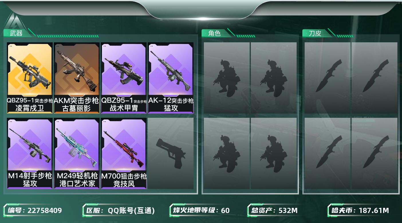 三角洲行动账号QQ【6937】532m总资产-187612k哈夫币-60烽火等级-黑鹰-1战场等级-无军衔
【近战皮肤