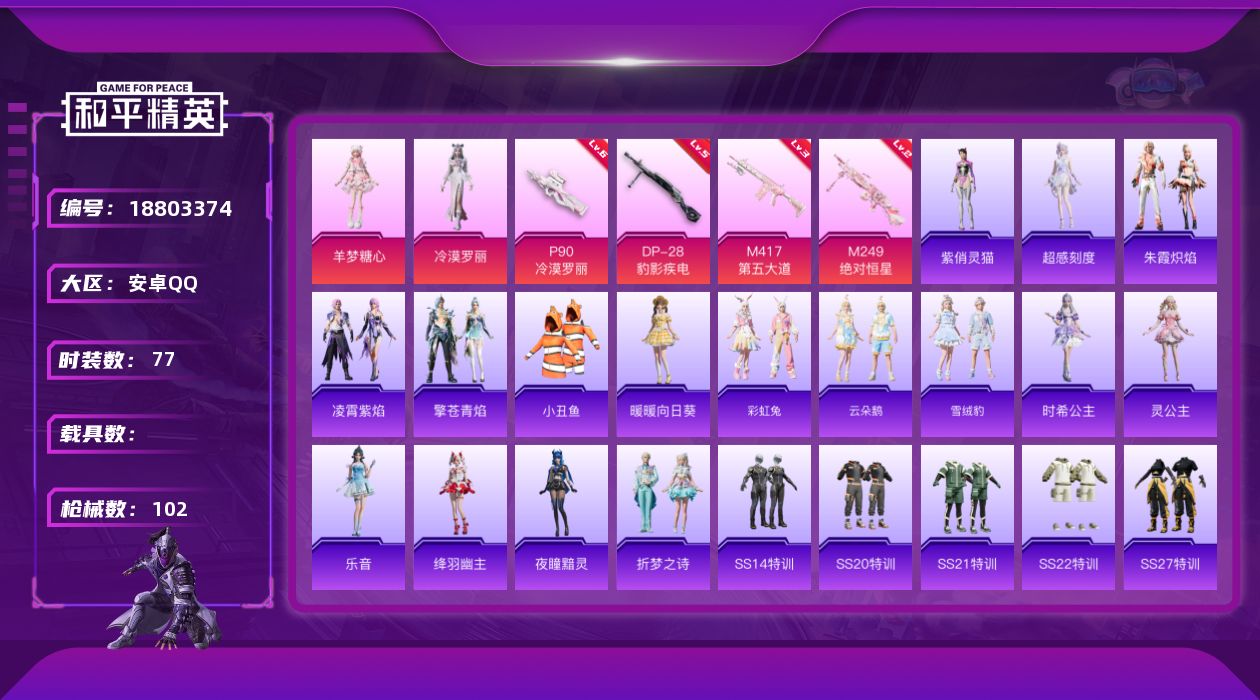 和平精英账号安卓QQ[18803374]77套装/枪械7/装备121/战备87/王牌印记5/热力值31595/四级ACE32-萌骑漫游/四级AKS-74U-森灵之息/六级P90-冷漠罗丽/五级Mk14-福马献瑞/三级M4