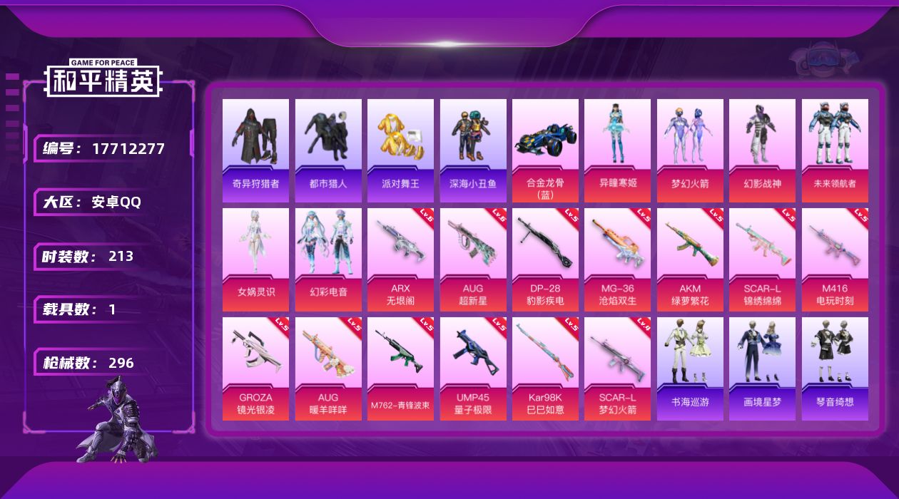 和平精英账号安卓QQ[17712277]安卓 手Q-6粉装-16特效枪-1载具-3粉色飞行器-90333热力值-10王牌印记-213套装-296枪皮【热门品类】：粉装-梦幻火箭，套装-浪漫天命，套装-都市猎人，套装-派对