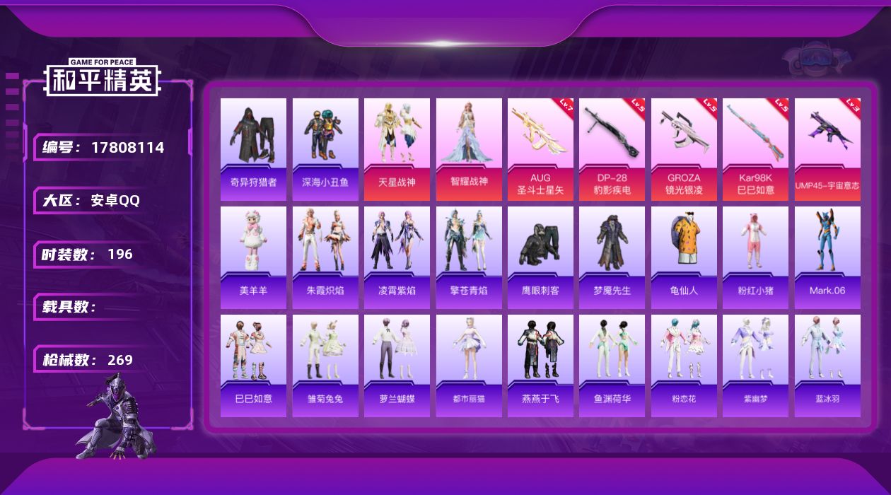 和平精英账号安卓QQ[17808114]可二次【特价出售/店主推荐】安卓 手Q-2粉装-7特效枪-4粉色飞行器-74947热力值-12王牌印记-196套装-269枪皮【热门品类】：套装-深海小丑鱼，套装-奇异狩猎者，套装