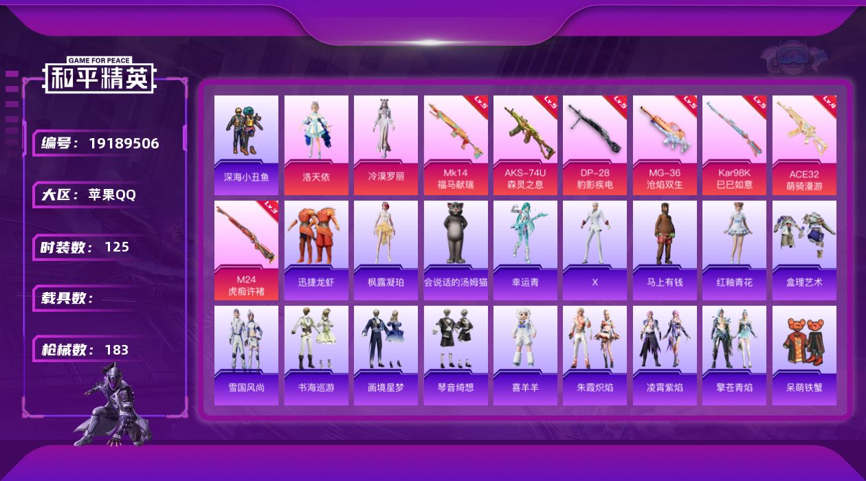 和平精英账号苹果QQ[19189506]苹果 手Q-2粉装-7特效枪-0载具-1粉色飞行器-51113热力值-5王牌印记-125套装-183枪皮
【热门品类】：套装-浪漫天命，套装-深海小丑鱼，套装-龟仙人
【粉色套装】