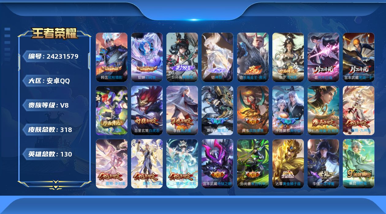 王者荣耀账号安卓QQ贵族8 荣耀典藏2 无双2 珍品传说5 传说皮肤20 史诗皮肤87 皮肤数量318 皮肤价值:244500 英雄129 至尊星耀IV 总场次5546