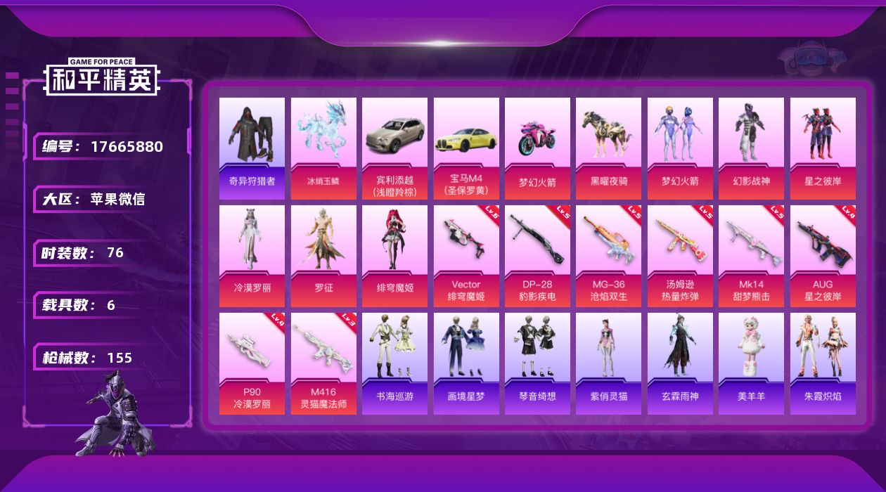 和平精英账号苹果微信[17665880]【特价出售/店主推荐】苹果 微信-1神装-6粉装-12特效枪-6载具-8粉色飞行器-49874热力值-5王牌印记-76套装-155枪皮
【红色神装等级】：暮色玫影-艾丽娅(一级)
