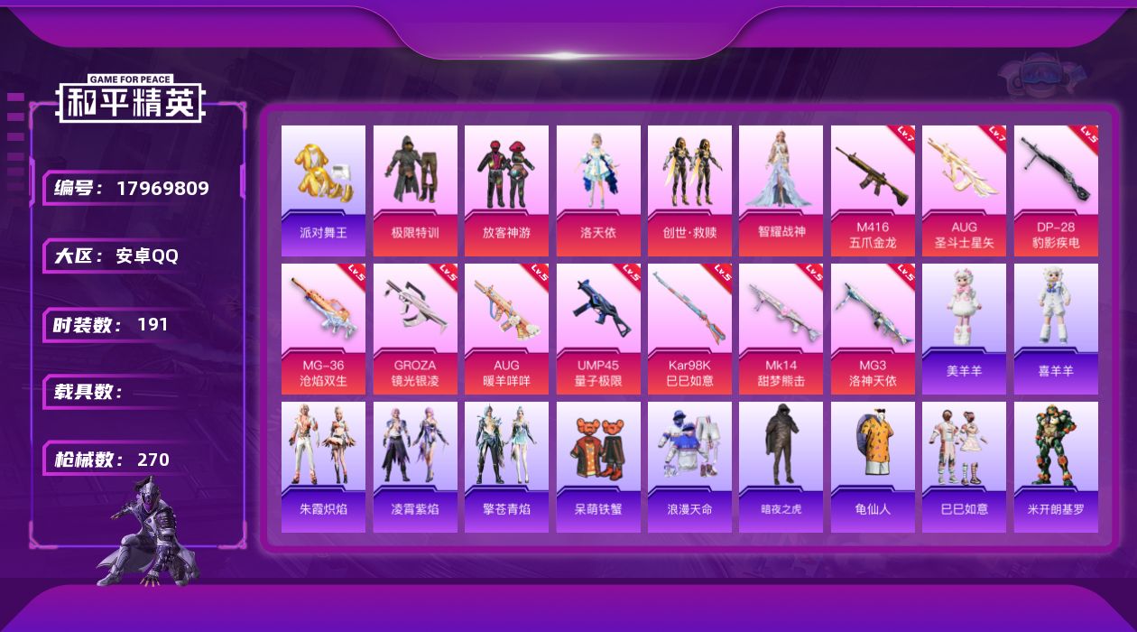 和平精英账号安卓QQ[17969809]安卓 手Q-无敌战神框-5粉装-13特效枪-0载具-4粉色飞行器-81787热力值-16王牌印记-191套装-270枪皮
【热门品类】：套装-浪漫天命，套装-派对舞王，套装-暗夜之