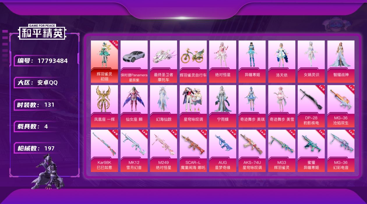 和平精英账号安卓QQ[17793484]安卓 手Q-2神装-17粉装-18特效枪-4载具-17粉色飞行器-78174热力值-5王牌印记-131套装-197枪皮
【红色神装等级】：暮色玫影-艾丽娅(四级)，辉羽雀灵-初翊(